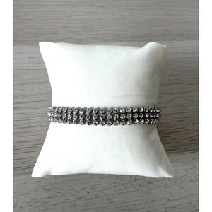 Triple Row Rhinestone Bolo Bracelet Silver Tone Adjustable Tennis Style Clear